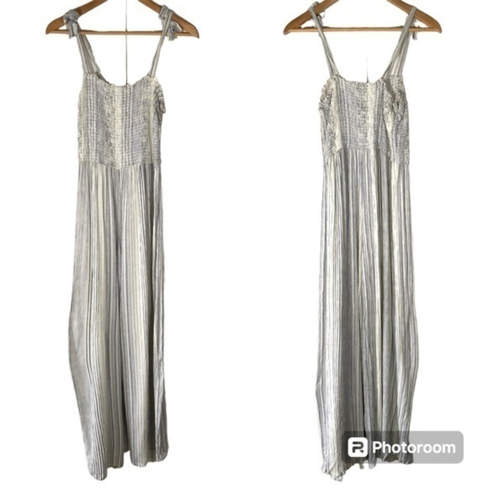 JAPNA Blue/White‎ Stripe Smocked Bodice Jumpsuit Coastal Fisherman Cottagecore L